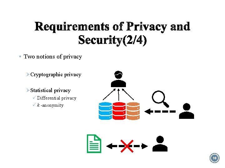 § Two notions of privacy Ø Cryptographic privacy Ø Statistical privacy ü Differential privacy