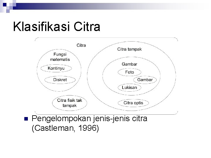 Klasifikasi Citra n Pengelompokan jenis-jenis citra (Castleman, 1996) 