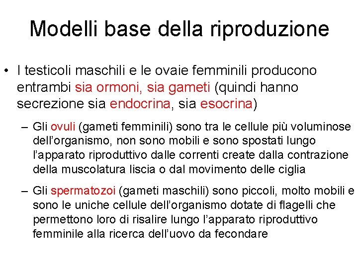 Modelli base della riproduzione • I testicoli maschili e le ovaie femminili producono entrambi