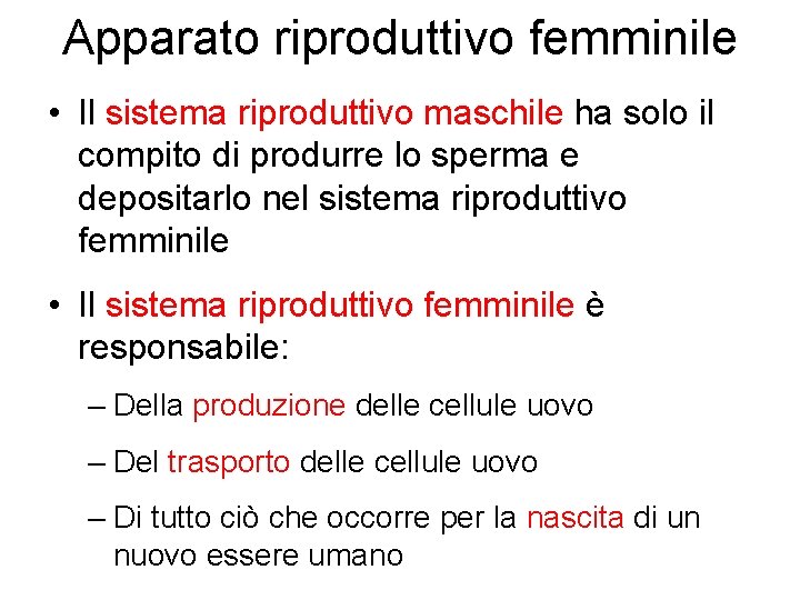 Apparato riproduttivo femminile • Il sistema riproduttivo maschile ha solo il compito di produrre