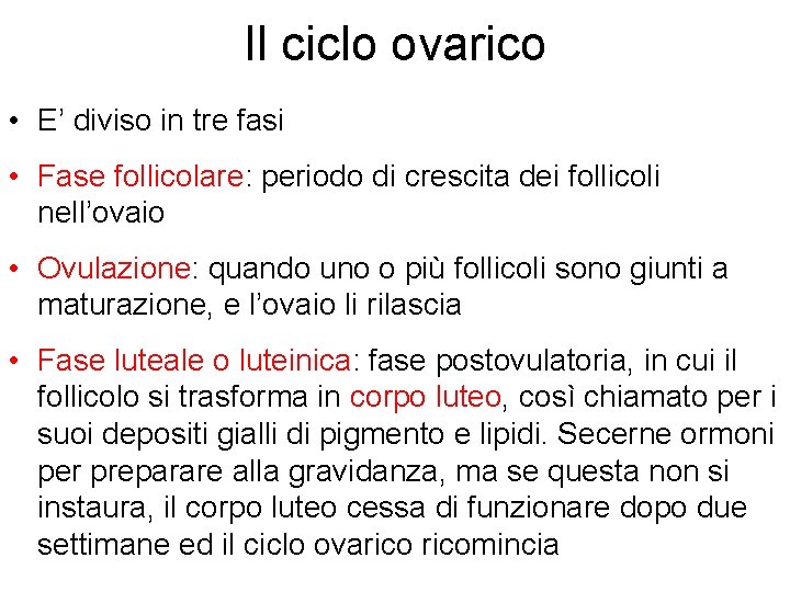 Il ciclo ovarico • E’ diviso in tre fasi • Fase follicolare: periodo di