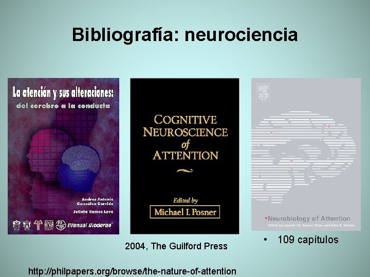 Bibliografía: neurociencia 2004, The Guilford Press http: //philpapers. org/browse/the-nature-of-attention • 109 capítulos 