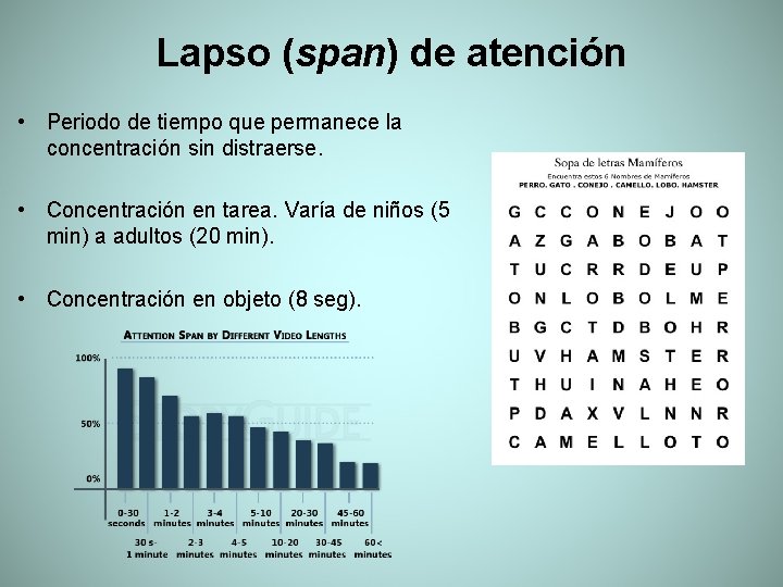 Lapso (span) de atención • Periodo de tiempo que permanece la concentración sin distraerse.