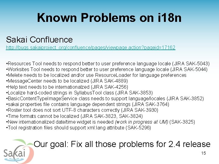 Known Problems on i 18 n Sakai Confluence http: //bugs. sakaiproject. . org/confluence/pages/viewpage. action?