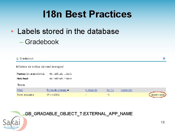 I 18 n Best Practices • Labels stored in the database – Gradebook GB_GRADABLE_OBJECT_T.