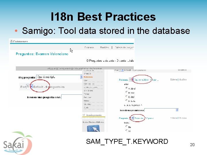 I 18 n Best Practices • Samigo: Tool data stored in the database SAM_TYPE_T.