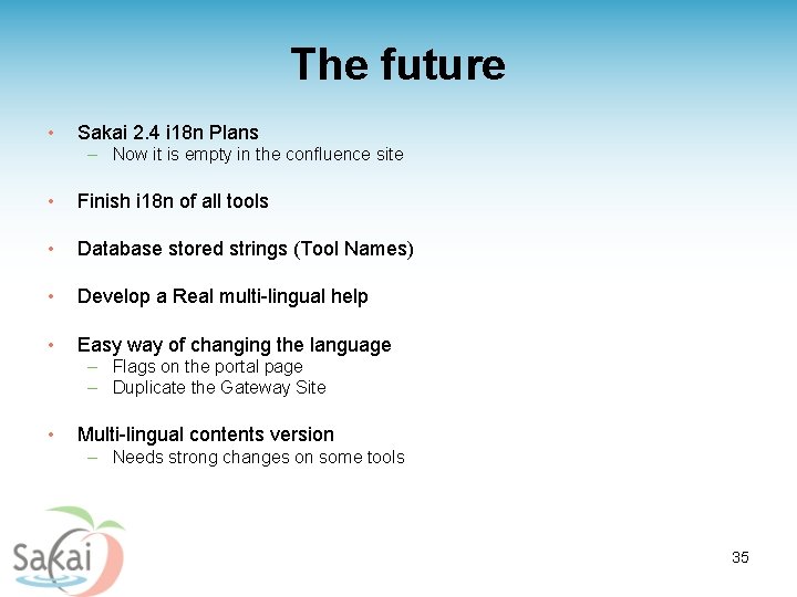 The future • Sakai 2. 4 i 18 n Plans – Now it is