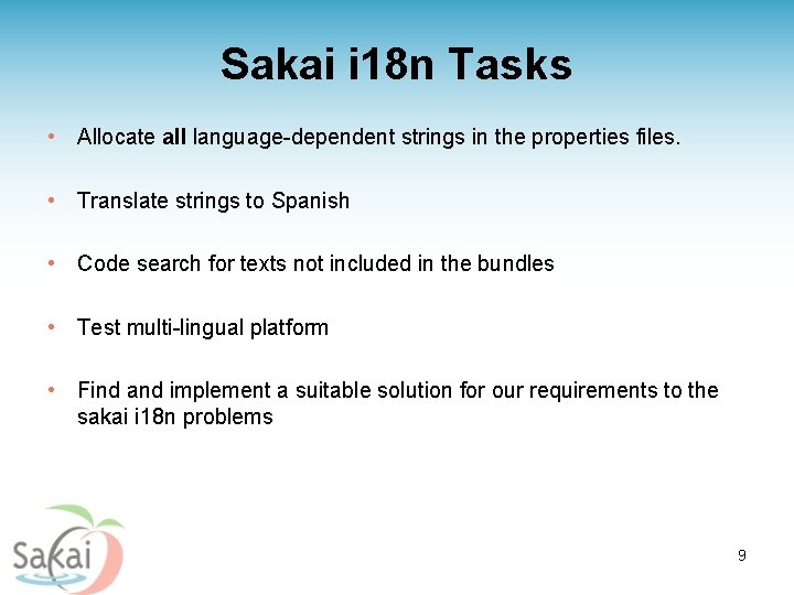 Sakai i 18 n Tasks • Allocate all language-dependent strings in the properties files.