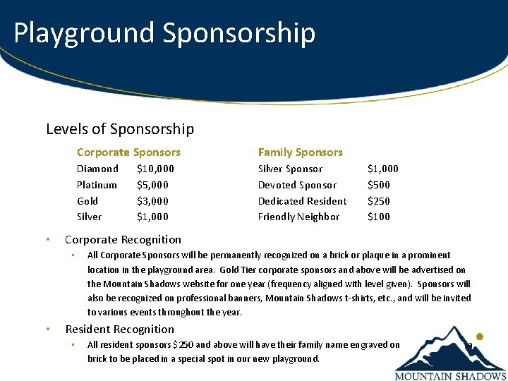 Playground Sponsorship Levels of Sponsorship • Family Sponsors Diamond Platinum Gold Silver Sponsor Devoted