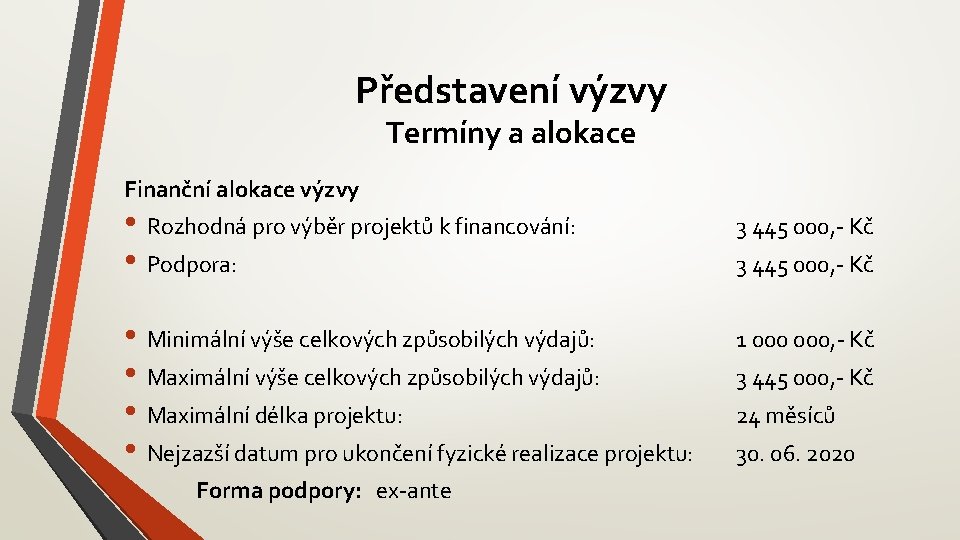 Představení výzvy Termíny a alokace Finanční alokace výzvy • Rozhodná pro výběr projektů k