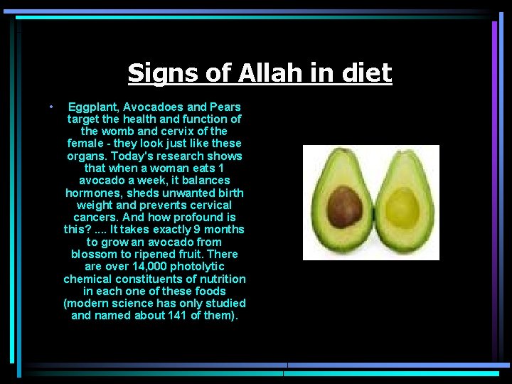 Signs of Allah in diet • Eggplant, Avocadoes and Pears target the health and