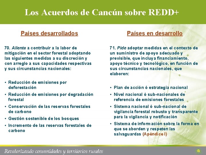Los Acuerdos de Cancún sobre REDD+ Países desarrollados 70. Alienta a contribuir a la