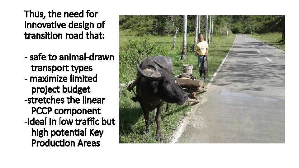 Thus, the need for innovative design of transition road that: - safe to animal-drawn Thus, the need for innovative design of transition road that: - safe to animal-drawn