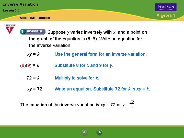 Inverse Variation Lesson 5 -6 Algebra 1 Additional Examples Suppose y varies inversely with