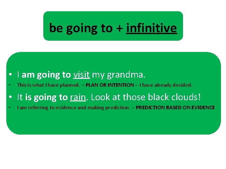 be going to + infinitive • I am going to visit my grandma. •