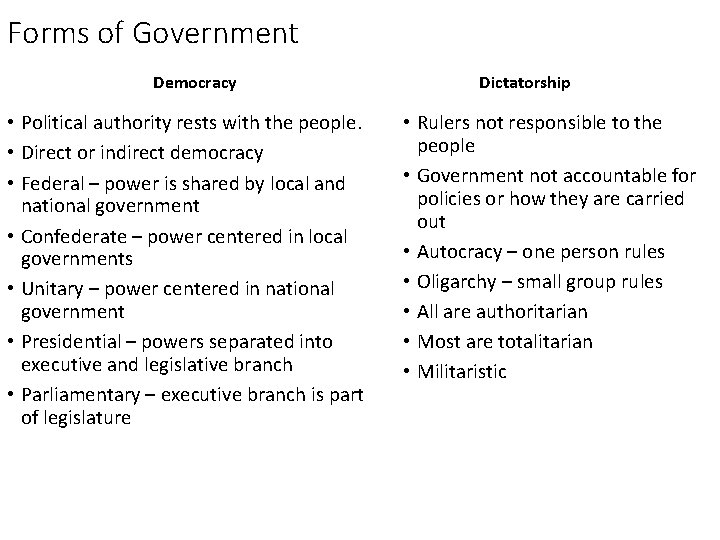 Forms of Government Democracy • Political authority rests with the people. • Direct or