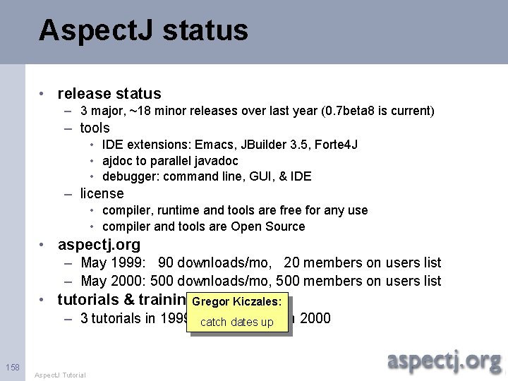 Aspect. J status • release status – 3 major, ~18 minor releases over last