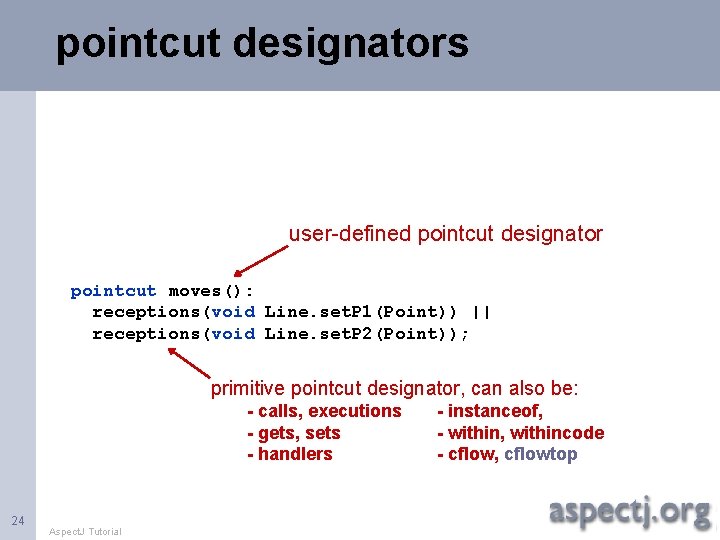 pointcut designators user-defined pointcut designator pointcut moves(): receptions(void Line. set. P 1(Point)) || receptions(void