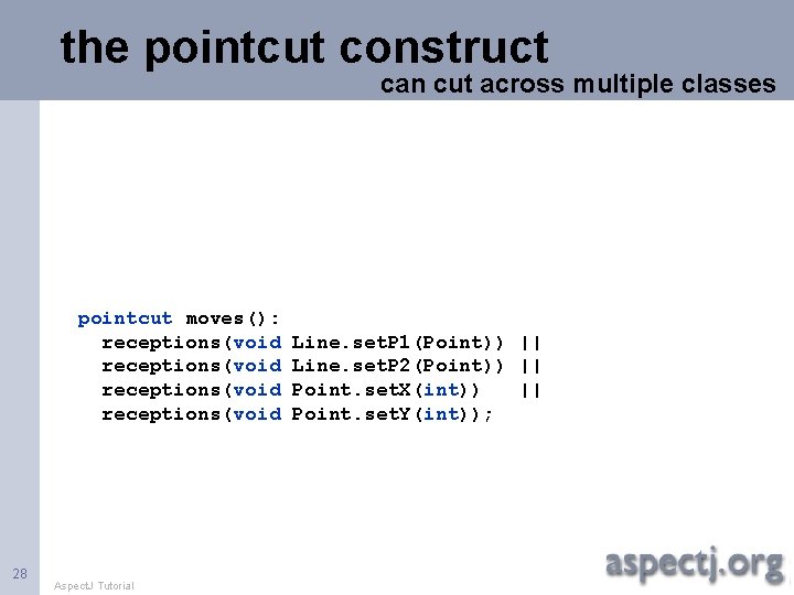 the pointcut construct can cut across multiple classes pointcut moves(): receptions(void 28 Aspect. J