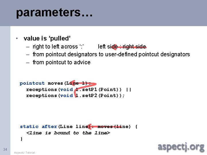 parameters… • value is ‘pulled’ – right to left across ‘: ’ left side