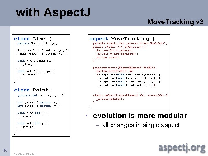with Aspect. J class Line { aspect Move. Tracking { private static Set _movees