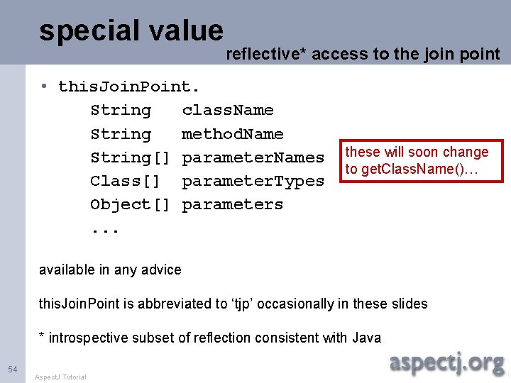 special value reflective* access to the join point • this. Join. Point. String class.