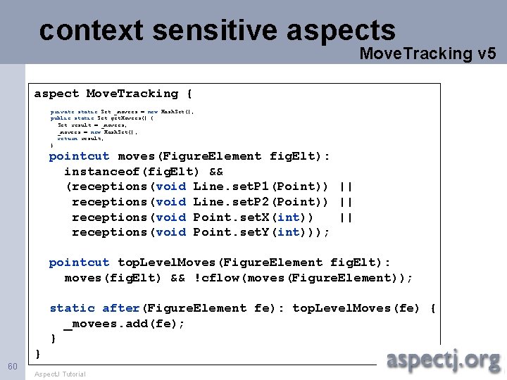 context sensitive aspects Move. Tracking v 5 aspect Move. Tracking { private static Set