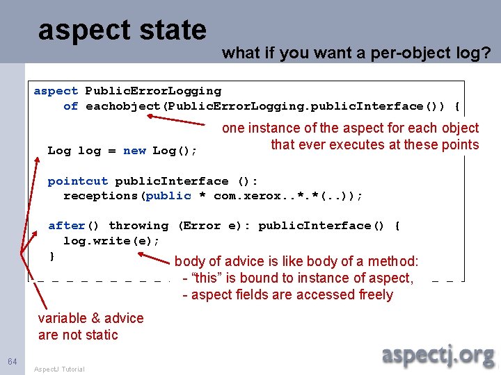 aspect state what if you want a per-object log? aspect Public. Error. Logging of