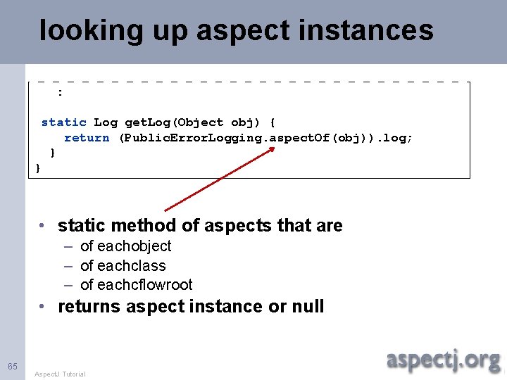 looking up aspect instances : static Log get. Log(Object obj) { return (Public. Error.