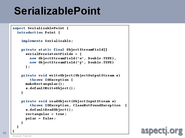 Serializable. Point aspect Serializable. Point { introduction Point { implements Serializable; private static final