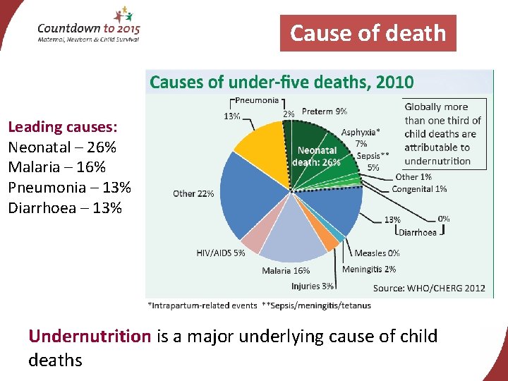 Cause of death Leading causes: Neonatal – 26% Malaria – 16% Pneumonia – 13%