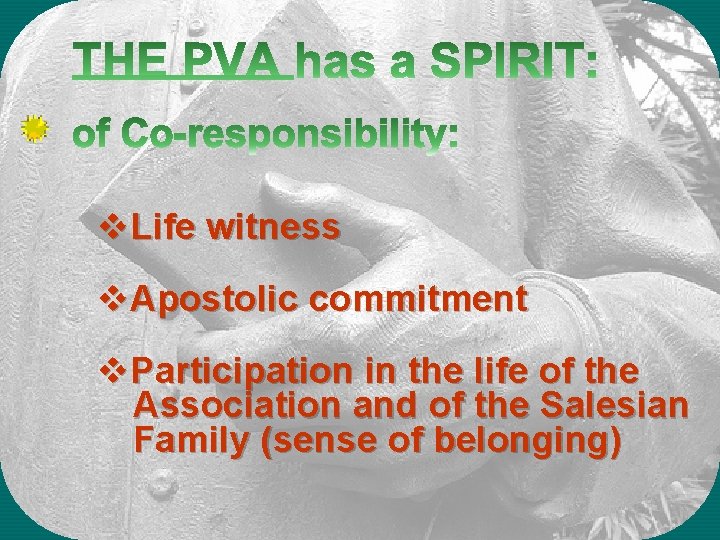 v. Life witness v. Apostolic commitment v. Participation in the life of the Association