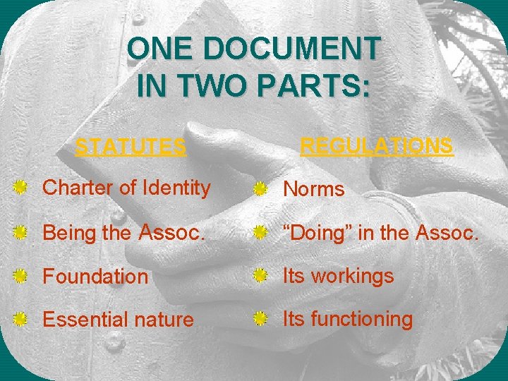 ONE DOCUMENT IN TWO PARTS: STATUTES REGULATIONS Charter of Identity Norms Being the Assoc.