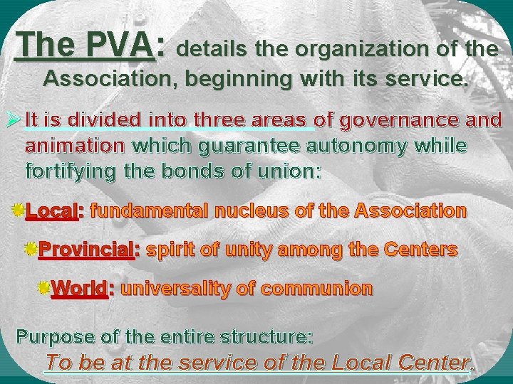 The PVA: details the organization of the Association, beginning with its service. Ø It