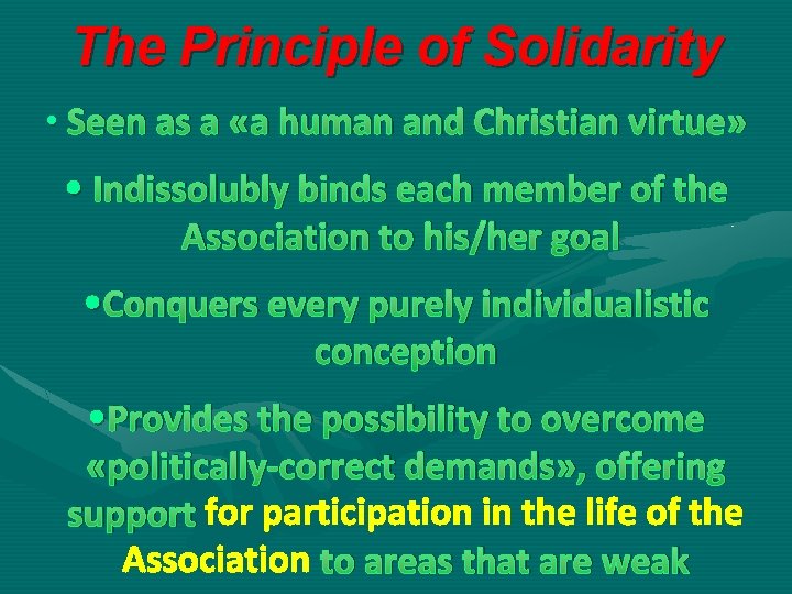 The Principle of Solidarity • Seen as a «a human and Christian virtue» •