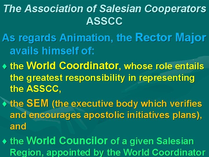 The Association of Salesian Cooperators ASSCC As regards Animation, the Rector Major avails himself