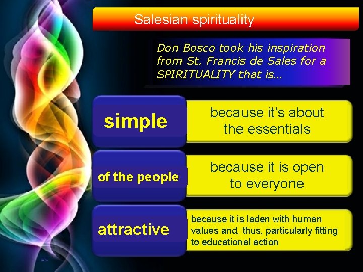 Salesian spirituality Don Bosco took his inspiration from St. Francis de Sales for a