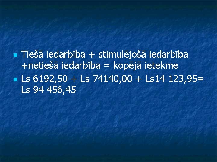 n n Tiešā iedarbība + stimulējošā iedarbība +netiešā iedarbība = kopējā ietekme Ls 6192,