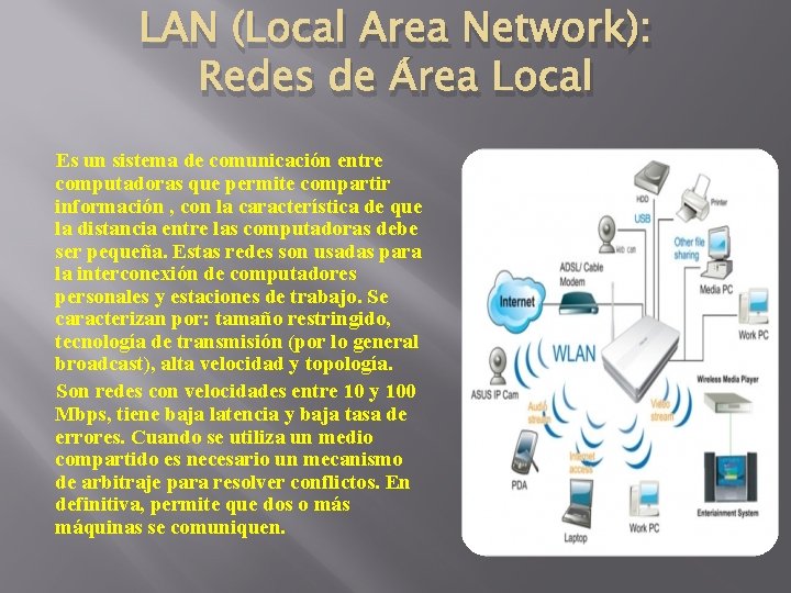 LAN (Local Area Network): Redes de Área Local Es un sistema de comunicación entre