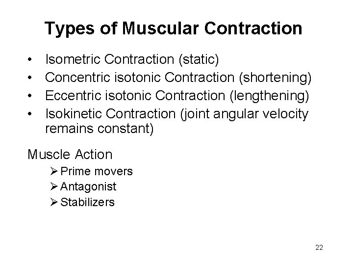 Types of Muscular Contraction • • Isometric Contraction (static) Concentric isotonic Contraction (shortening) Eccentric