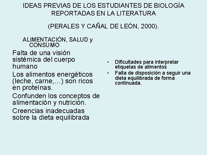 IDEAS PREVIAS DE LOS ESTUDIANTES DE BIOLOGÍA REPORTADAS EN LA LITERATURA (PERALES Y CAÑAL