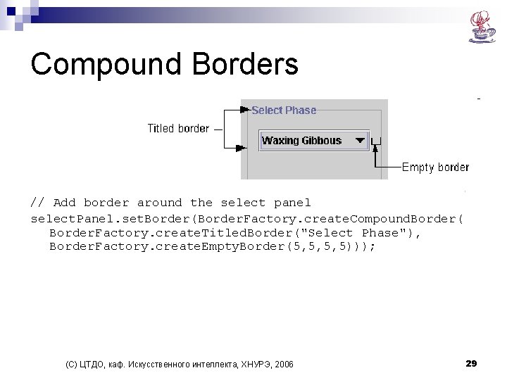 Compound Borders // Add border around the select panel select. Panel. set. Border(Border. Factory.