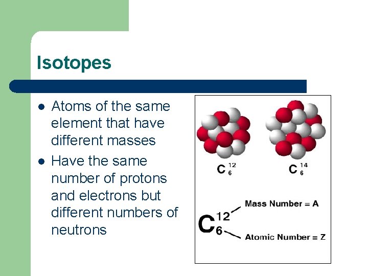 Isotopes l l Atoms of the same element that have different masses Have the