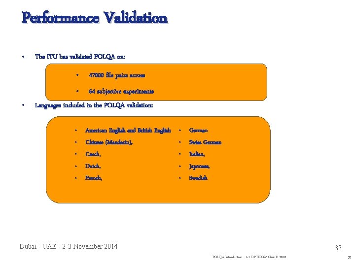 Performance Validation • • The ITU has validated POLQA on: • 47000 file pairs