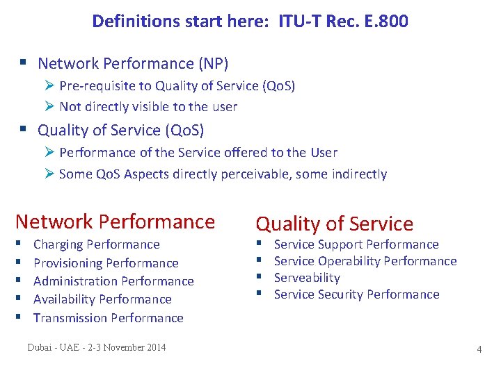 Definitions start here: ITU-T Rec. E. 800 § Network Performance (NP) Ø Pre-requisite to