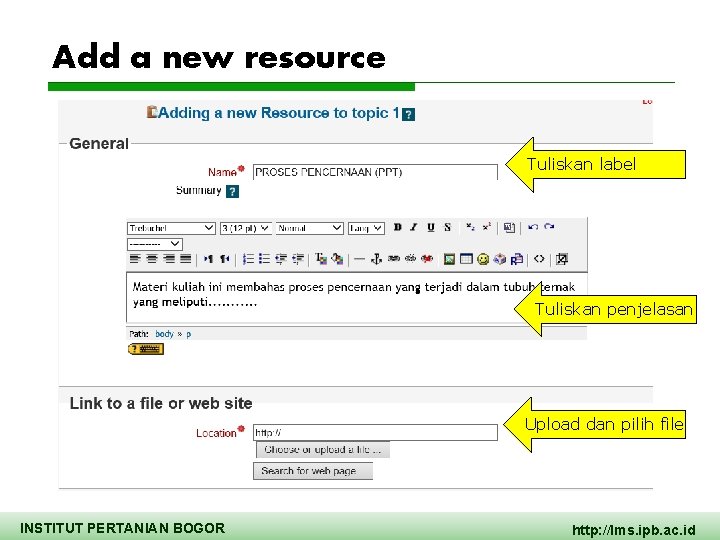 Add a new resource Tuliskan label Tuliskan penjelasan Upload dan pilih file INSTITUT PERTANIAN