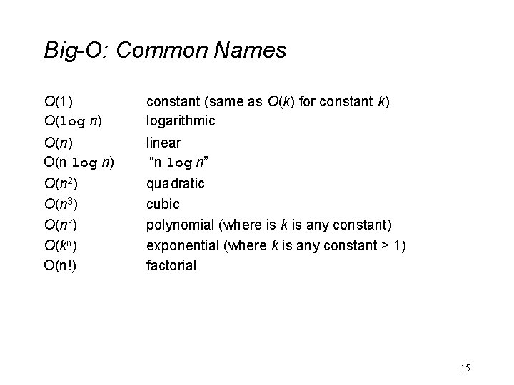 Big-O: Common Names O(1) O(log n) constant (same as O(k) for constant k) logarithmic