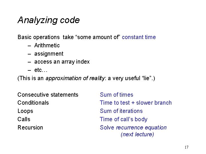 Analyzing code Basic operations take “some amount of” constant time – Arithmetic – assignment