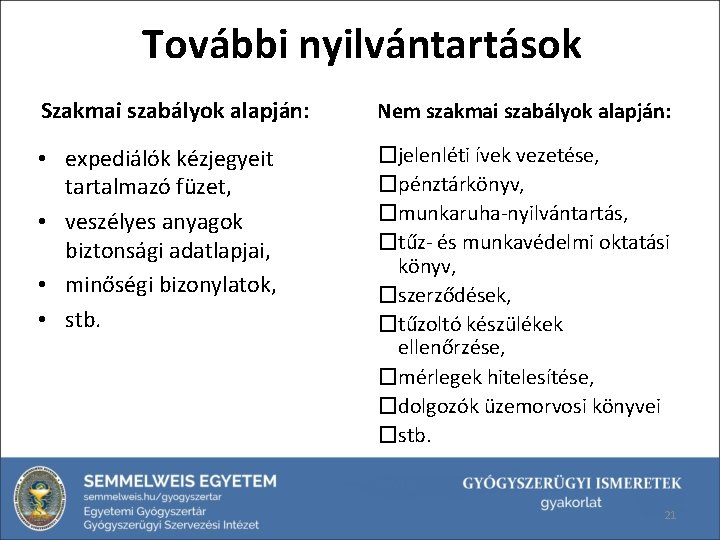 További nyilvántartások Szakmai szabályok alapján: Nem szakmai szabályok alapján: • expediálók kézjegyeit tartalmazó füzet,