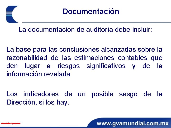 Documentación La documentación de auditoría debe incluir: La base para las conclusiones alcanzadas sobre